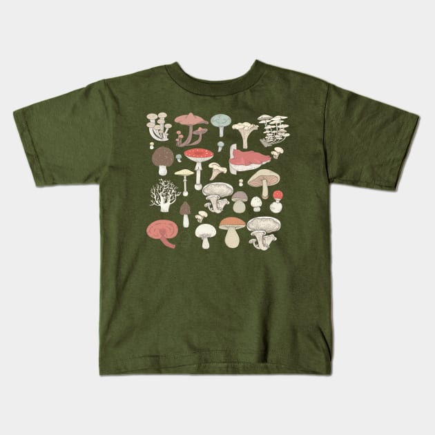 Vintage wild mushrooms fungi variety Kids T-Shirt by dirtybotany